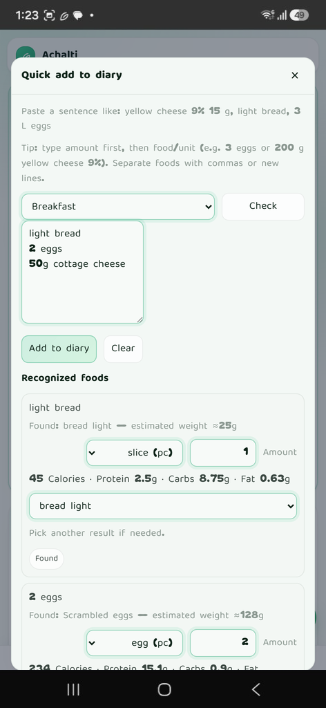 Adding a meal from a typed sentence